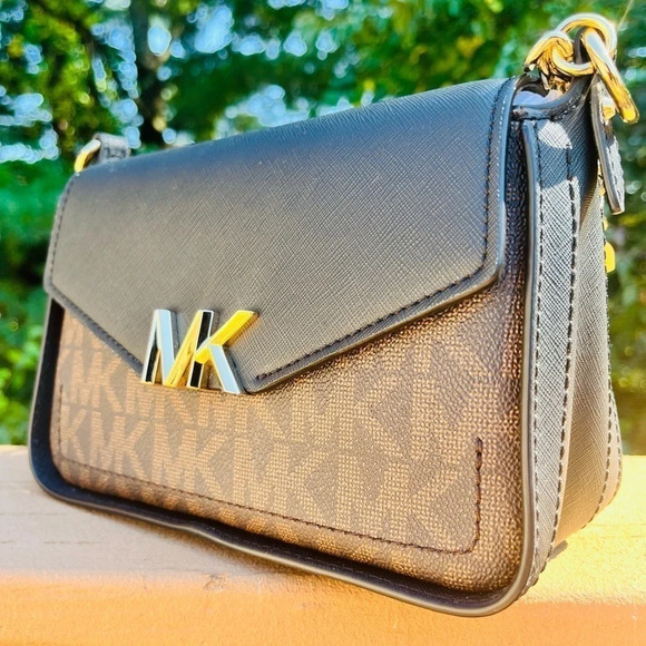 Michael Kors Handbags - Michael Kors Black Brown Logo Small Flap Crossbody Bag Gold Hardware Leather NWT